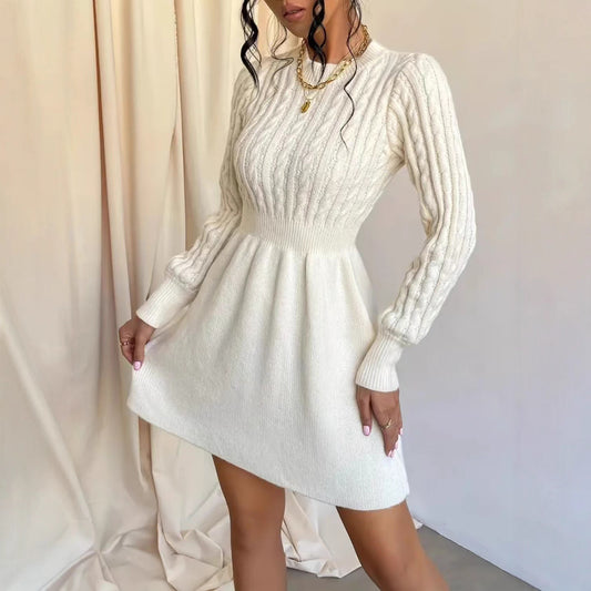 Korean-style Waist-defining New Year's Battle Skirt With A Round Neck And Twisted Knit Base