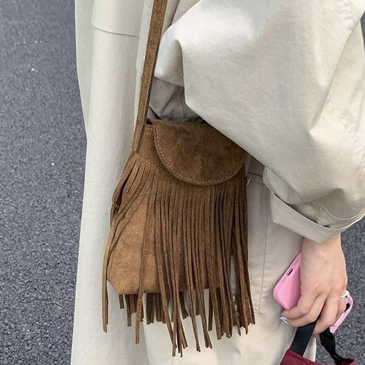 Retro Frosted Suede Tassel Mobile Phone Messenger Bag