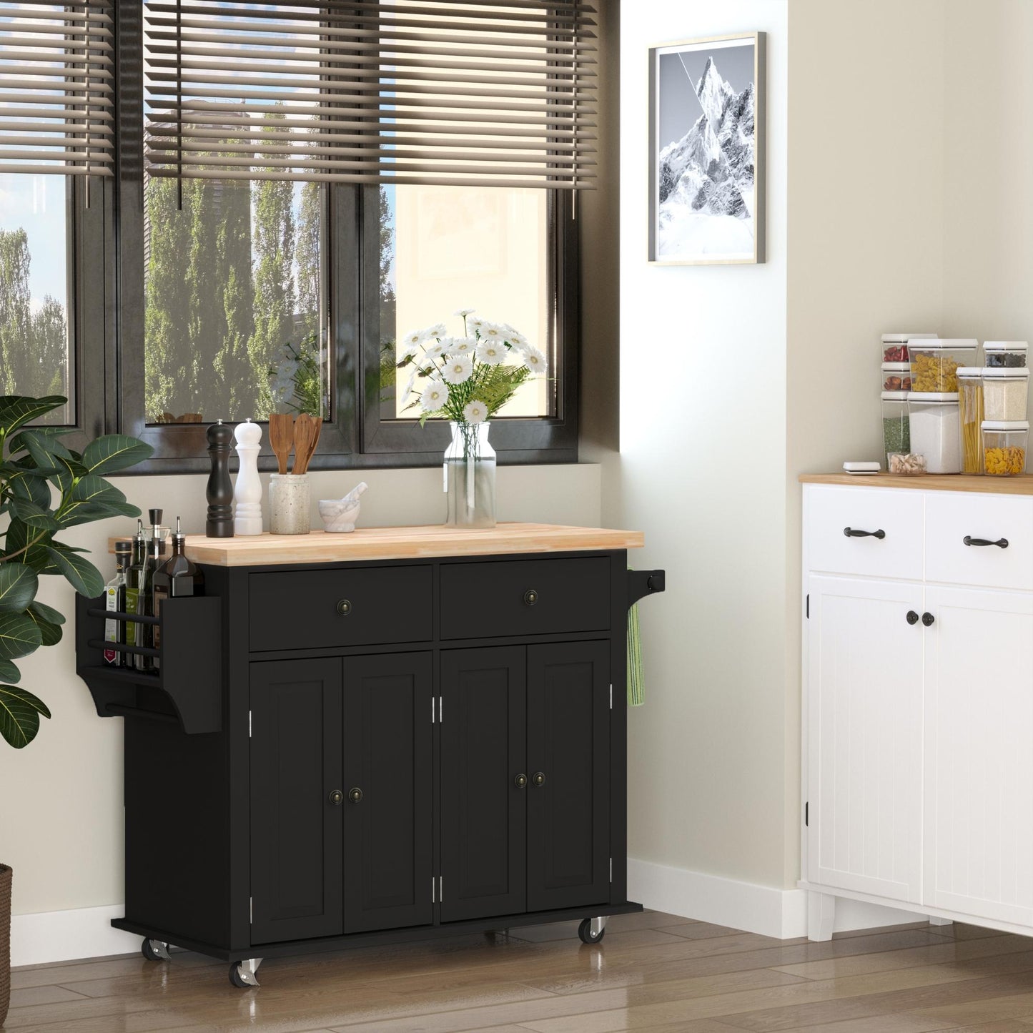 44" Mobile Kitchen Island Table, Kitchen Island Cart on Wheels with Storage Cabinets, 2 Drawers, Black