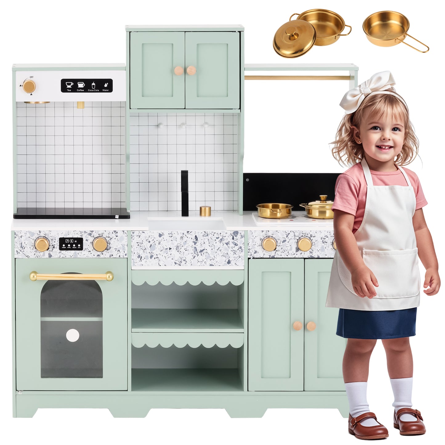 Children's Kitchen, Play Kitchen-Creative Design, Accessories And Surprise Effects, An Excellent Gift For Children From 3 Years, Wood  Plastic, Green, 30x90x98cm