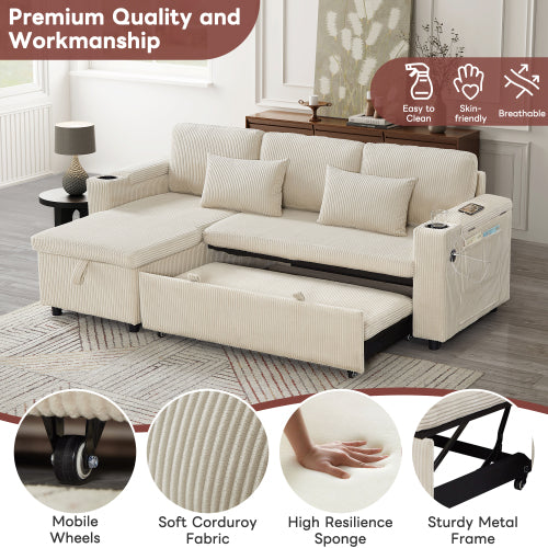 3 In 1 Convertible Corduroy Sofa Bed With Storage Chaise, L Shaped Sleeper Sofa Couches With Armrest Storage And Charging Station. Pullout Sectional Daybed For Living RoomBedroomOffice, Grey