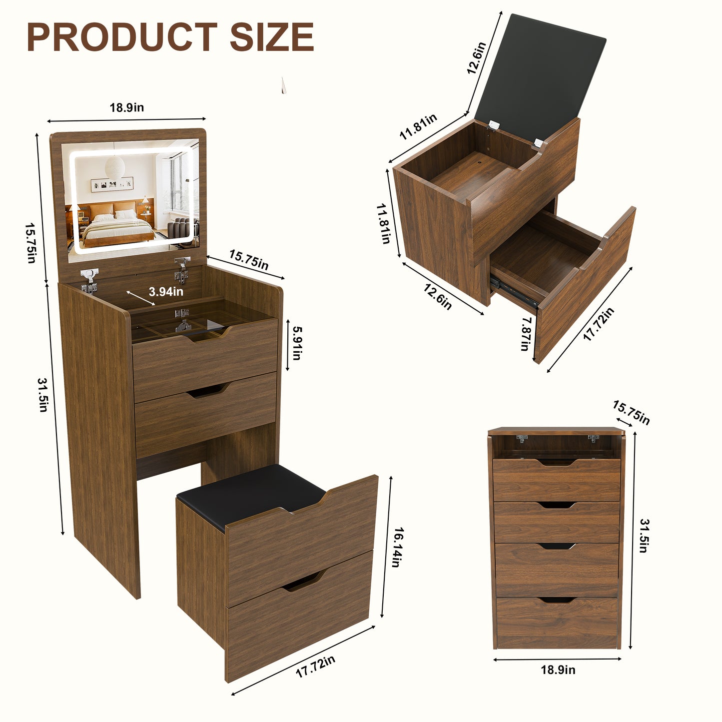 3-in-1 Vanity Desk With Lighted Mirror & Stool, Flip Top Makeup Dressing Table, Compact Storage For Bedroom, Bathroom, Dressing Room 18.9L, Walnut
