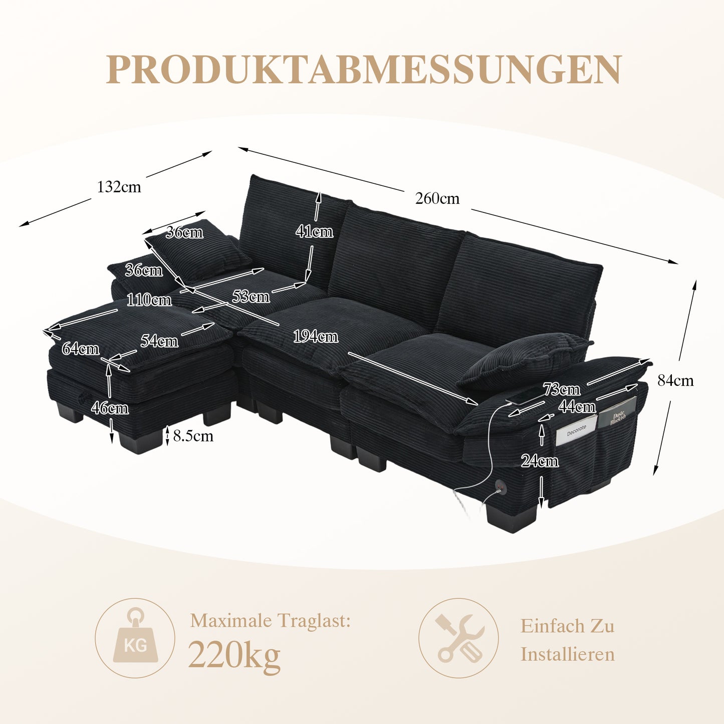 Modular 3-seater Corduroy Sofa  With 1 Stool Wide Seat, Ergonomic Design, High-density Foam Padding, USB-C Port And Side Pockets. Ideal For The Living Room, Office Or Lounge.Black
