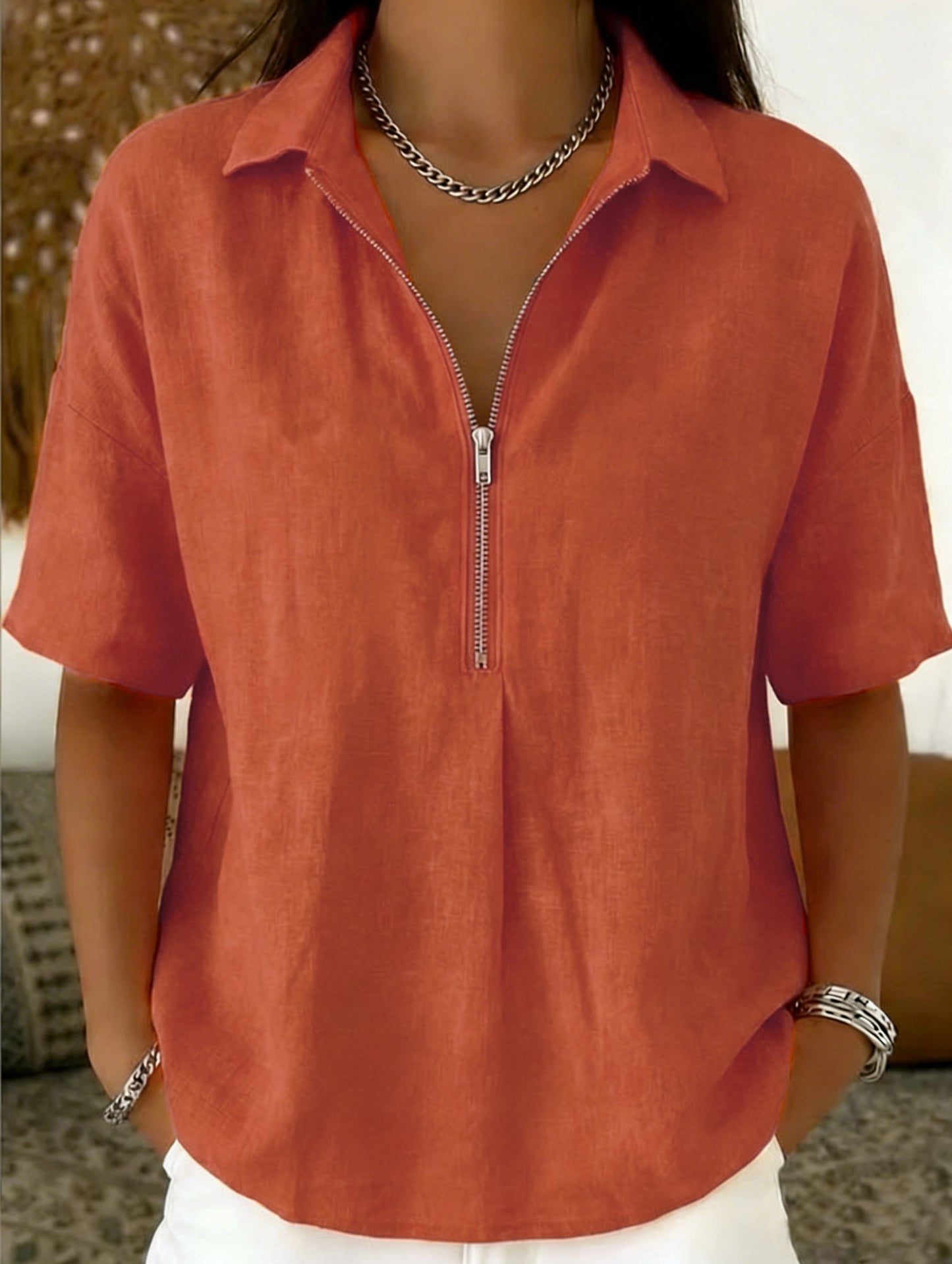 Womens Fashion Solid-color Zip-up Short-sleeve T-shirt