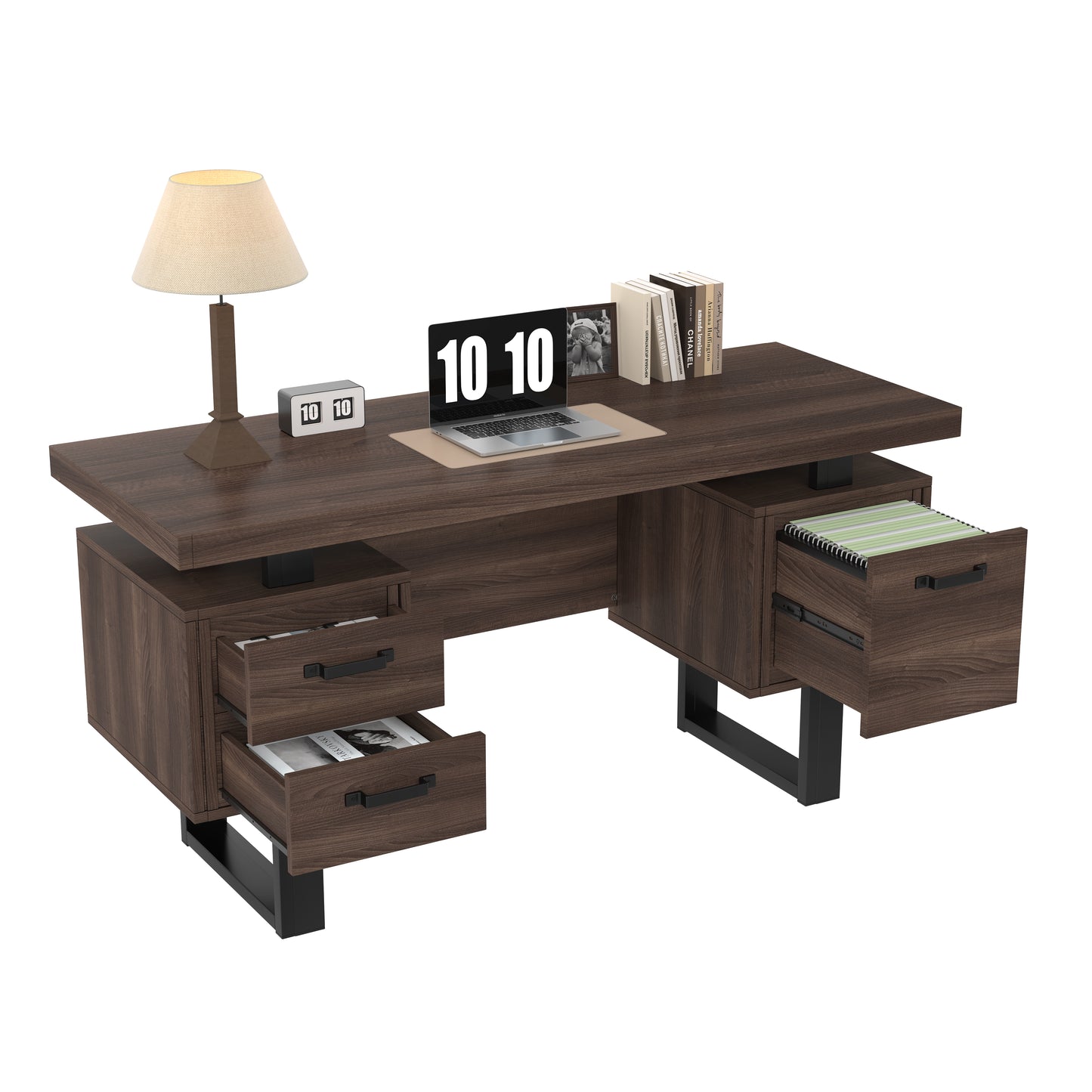 135 X 54 Cm Simple Office Desk, MDF And High Quality Steel Tube, Noiseless Drawer, Folder Drawer, Splash-proof Spacious Desk Top, Efficient Storage, Brown