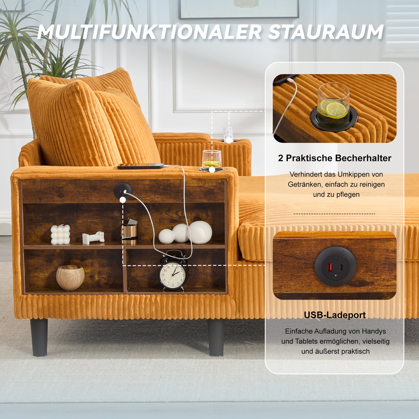 Multifunctional Corduroy Lounge With Chaise Longue With Large Lying Surface, Cup Holders On Both Sides, LED Lighting, Side Pocket, Storage Space, USB Charging Port, Sturdy Plastic Feet  Versatile.