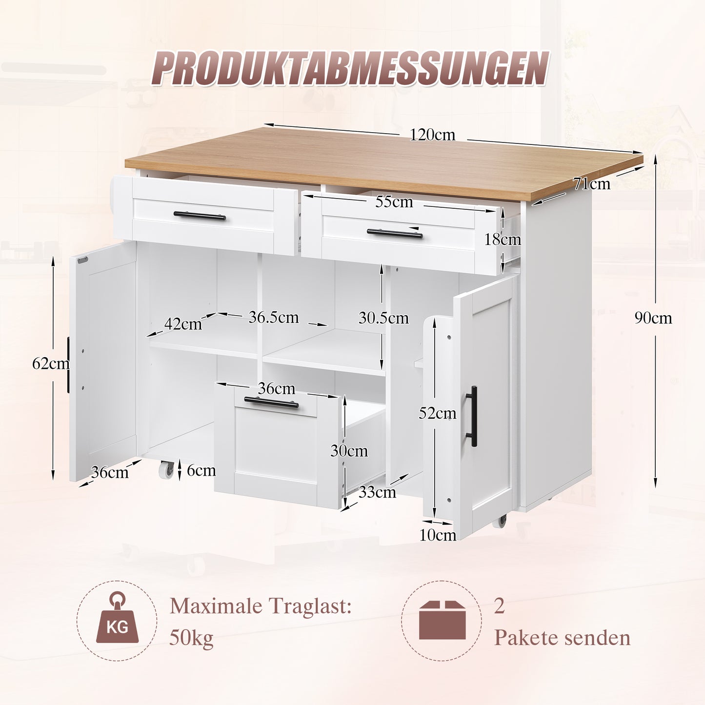 Kitchen Trolley Modern Nordic Style With 360 Universal Wheels, Storage Shelf With Drawers & Towel Rail, Folding Tray & Silent Spring Lock, Flexible Storage Design