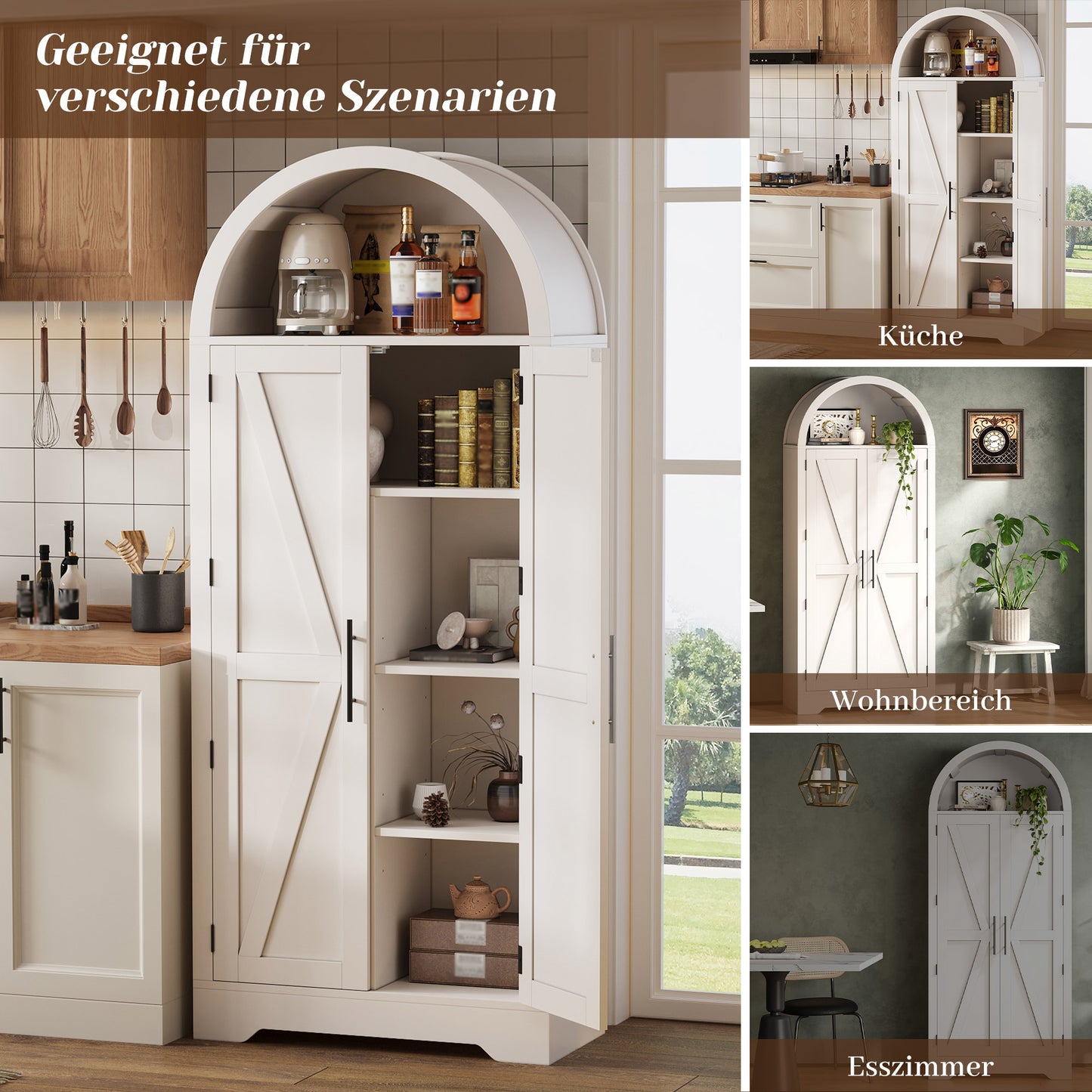 170x70x35cm High, Arched Cabinet, Kitchen Cabinet, Display Case, Wine Cabinet, With Storage Above The Door And Open Top Part, Suitable For Kitchen, Dining Room, Living Room And Bedroom White
