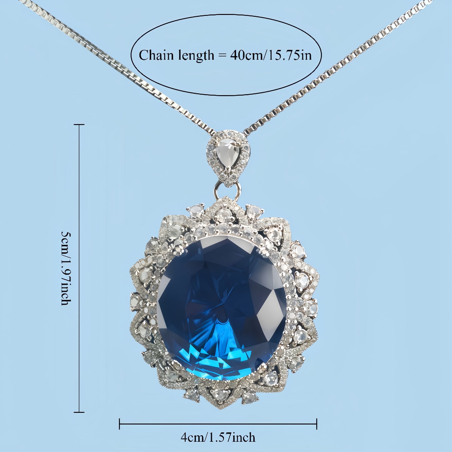 Oval Cut Royal Blue Simulated Sapphire Double Halo Pendant Necklace For Women, Copper Plated Silver White CZ Vintage Floral Halo Wedding Bridal Statement Jewelry Gift