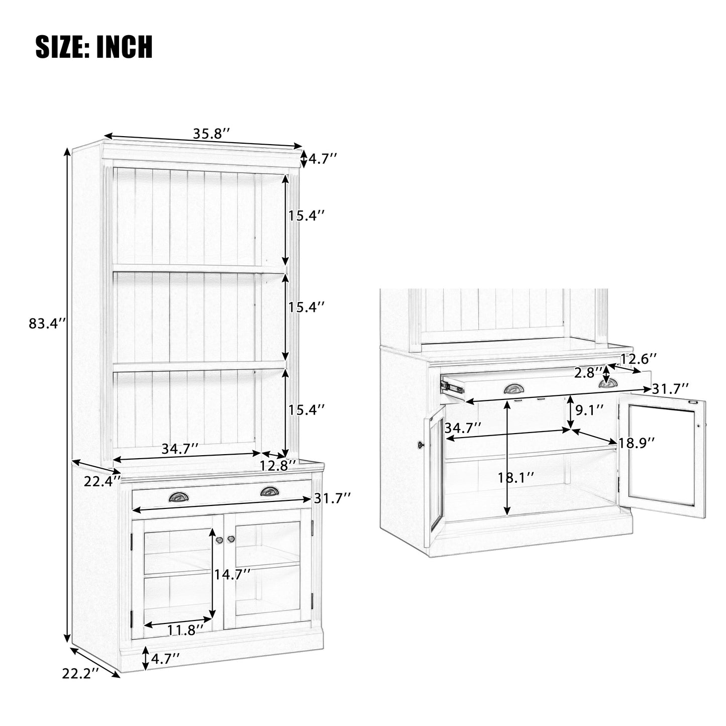 83.4Tall Bookshelf Suite With LED Lighting, Modern Bookcases With Glass Doors And Drawers,2-Piece Set Storage Bookcase Suite With Open Shelves For Living Room,Home Office,White
