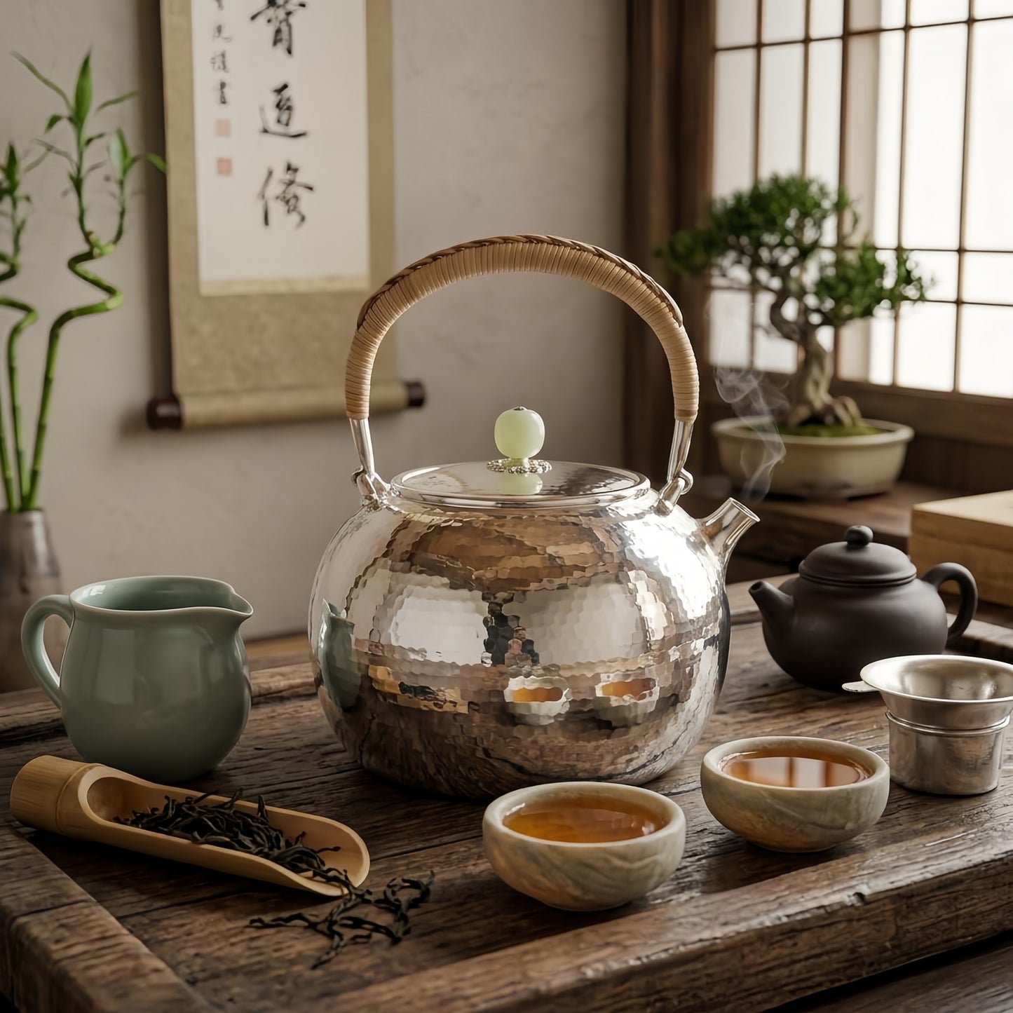 Pure 999 Fine Silver Elegant Hammered Silver Tea Kettle with Woven Rattan Handle and Jade Finial - Handicraft