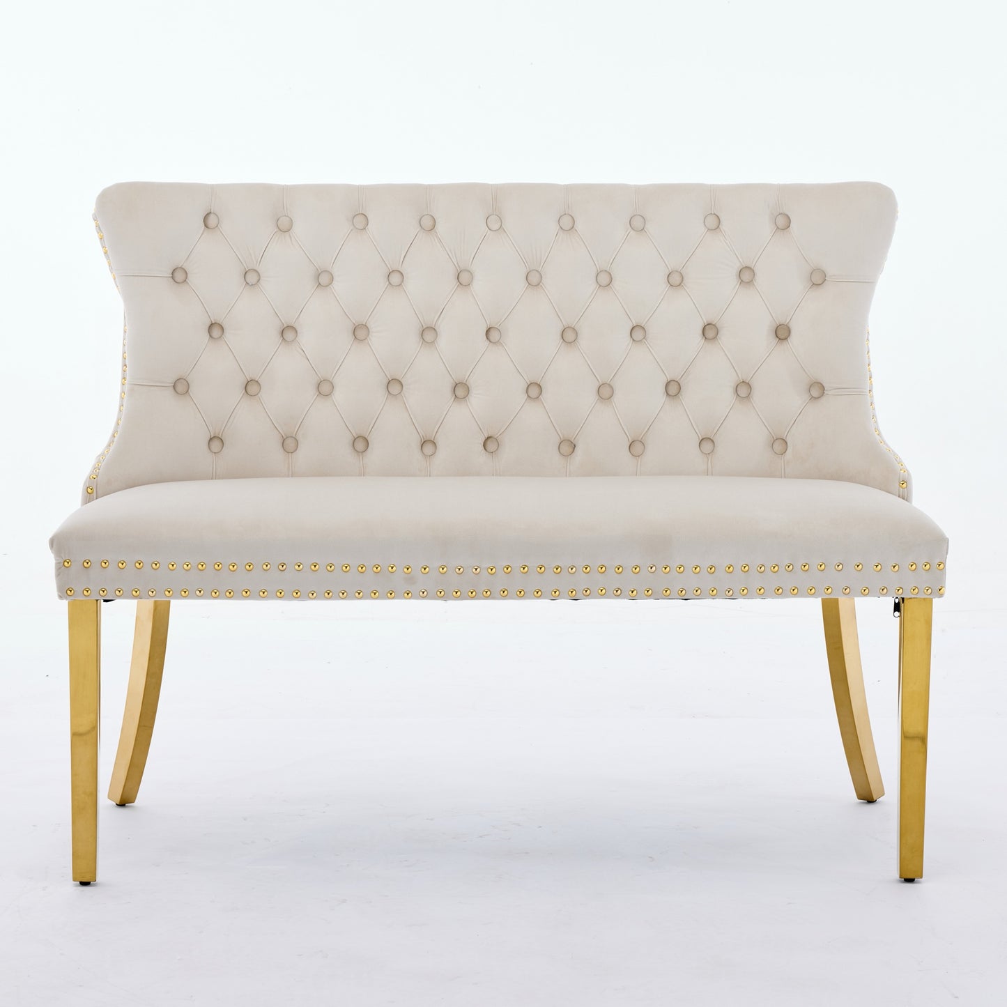 Velvet Double Dining Loveseat Bench, Kitchen & Dining Seating, 2-Seat Tufted Bench W Handmade Buttons, Wing Back, Gold-Plated Steel Legs, Mid Century Modern,Single Pack,Beige,DE1602BG