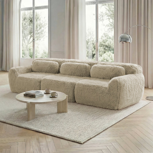 3-seater Low Sofa, Premium Plush Fabric, Modular, Non-slip Floor, No Assembly, With Cushions. Ergonomic Support, High-resilience Foam, Suitable For Living Room, Light Khaki