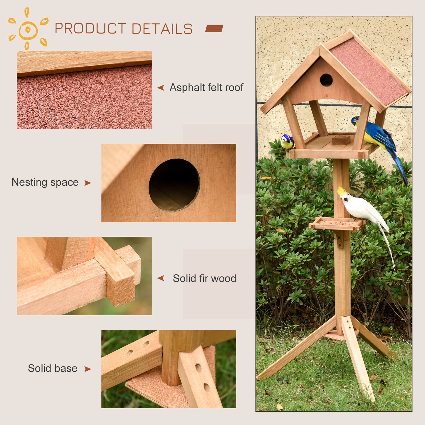 PawHut Wooden Bird Table Freestanding Feeding Station For Garden Outside ,139H Cm, Natural