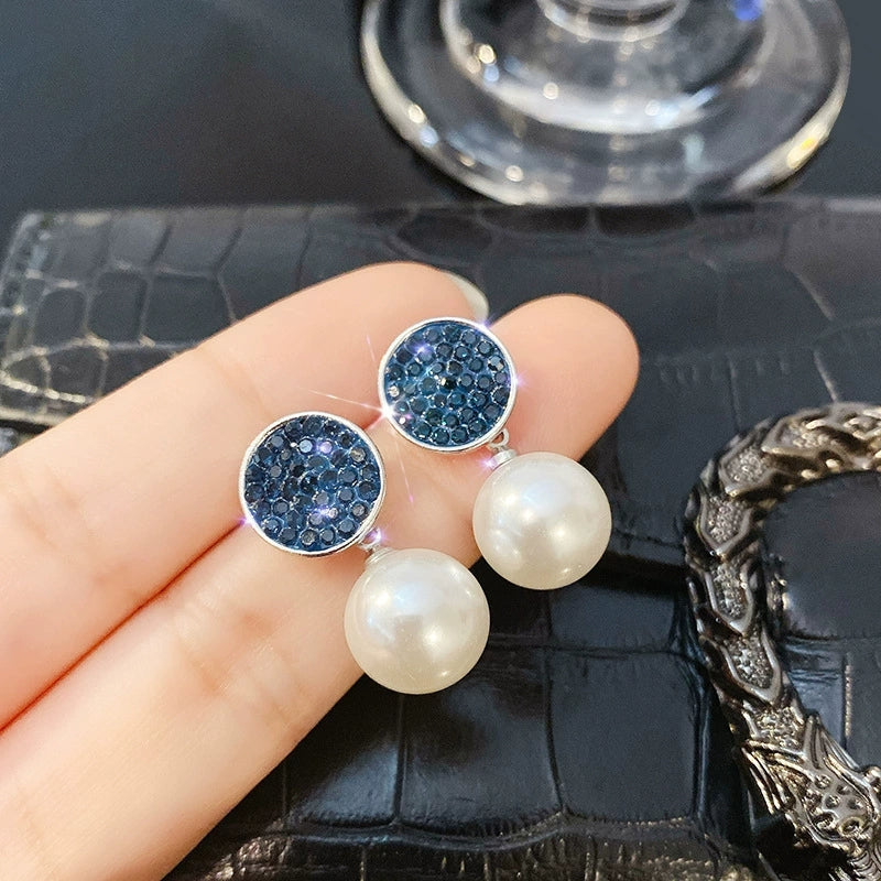 1 Pair 999 Sterling Silver Blue Crystal & Pearl Drop Stud Earrings, Elegant & Versatile, Perfect For Daily, Dating & Business, Ideal Valentine's Gift