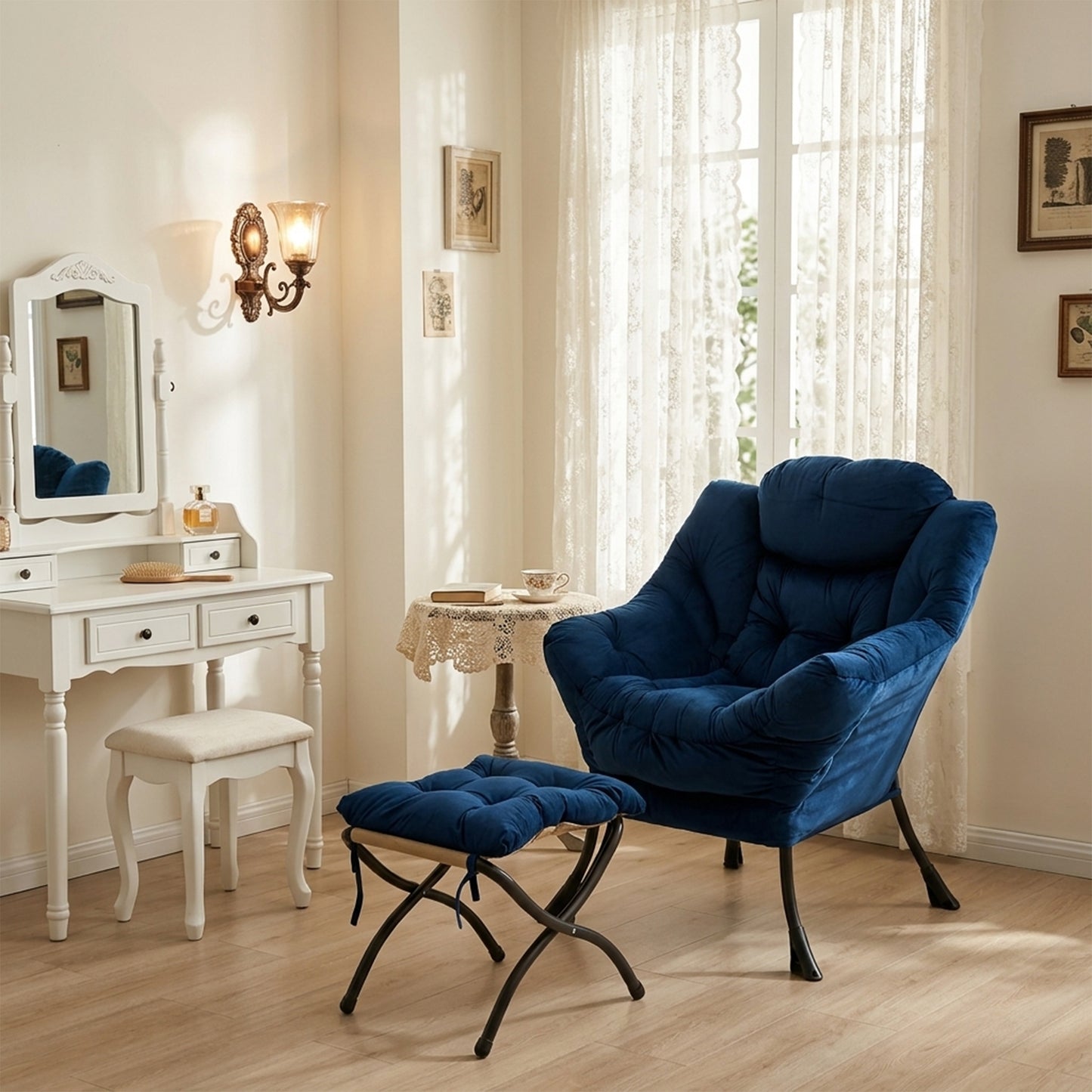 Armchair With Stool, Recliner With Armrests, Side Pocket & Footrest, Lounge Chair, TV Armchair, Wing Chair For Living Room, Bedroom, Office  Dark Blue