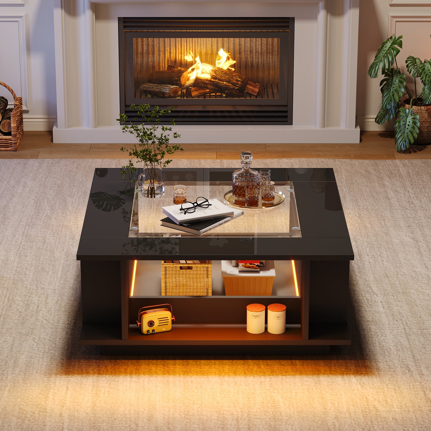 Coffee Table 70x70x30 Cm, Square Coffee Table In Black With Glass Top, High-gloss Surface & LED Lighting, Side Table, Coffee Table, Living Room Table Made Of Chipboard, Loadable Up To 30 Kg