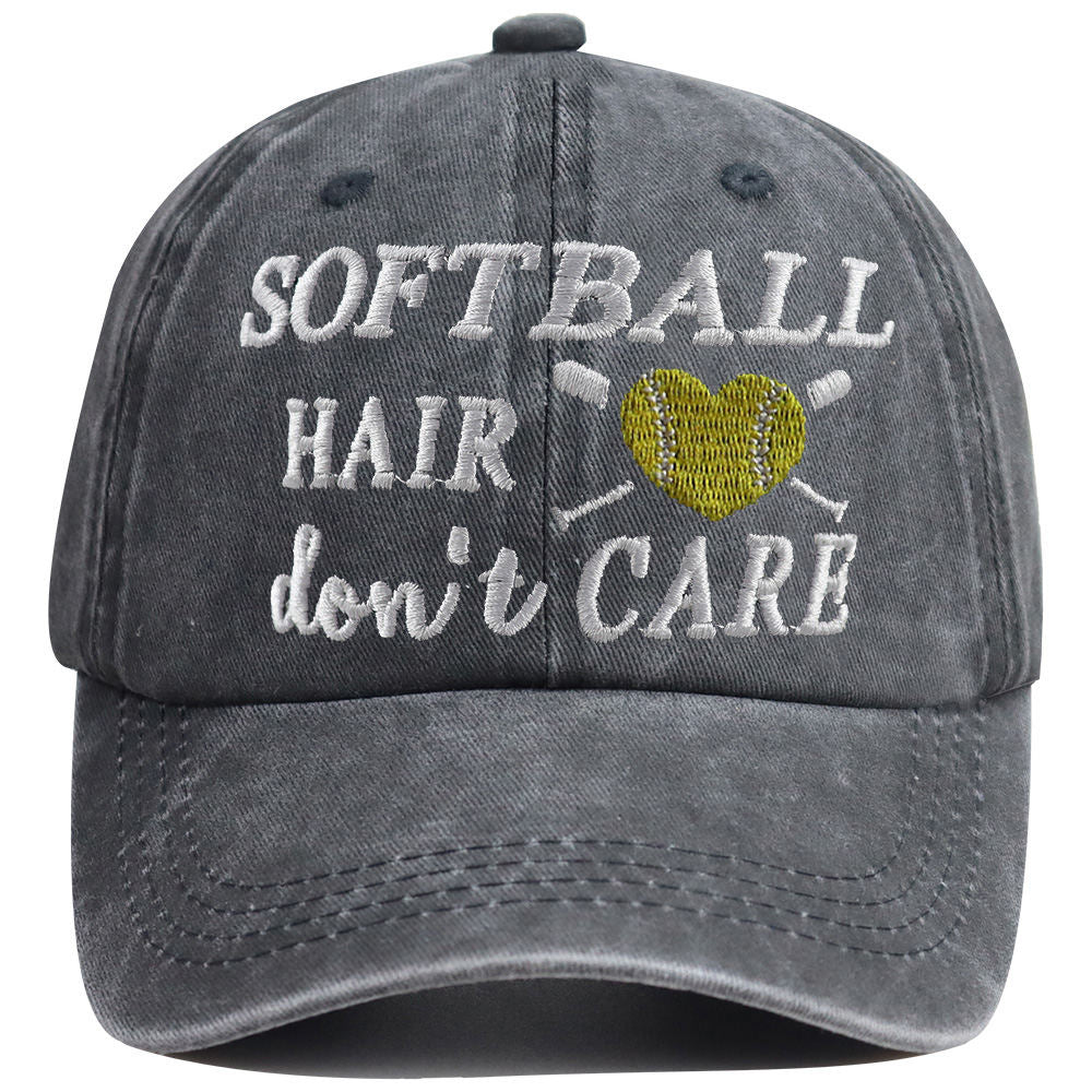 Softball Hair Don't Care Embroidered Washed Baseball Cap, Vintage Distressed Hat For Women Softball Lover