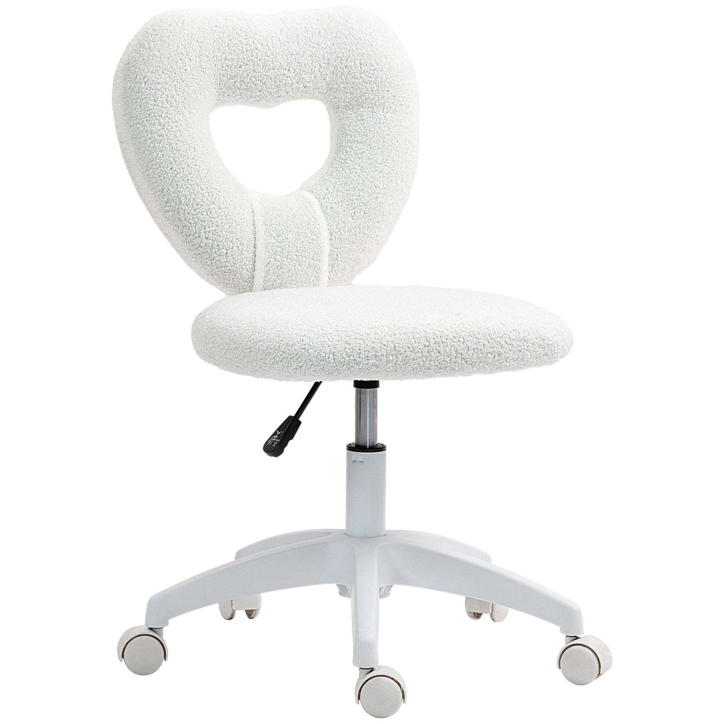 Armless Heart Computer Desk Chair, Teddy Fleece Swivel Office Chair, Makeup Vanity Chair With Height Adjustable, Wheels, For Home Study Bedroom, White