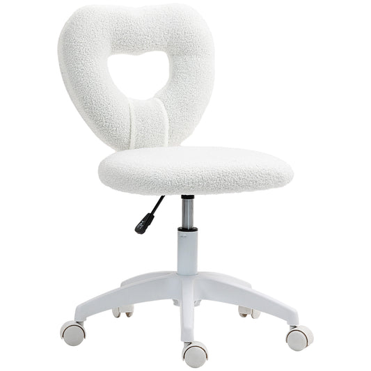 Armless Heart Computer Desk Chair, Teddy Fleece Swivel Office Chair, Makeup Vanity Chair With Height Adjustable, Wheels, For Home Study Bedroom, White