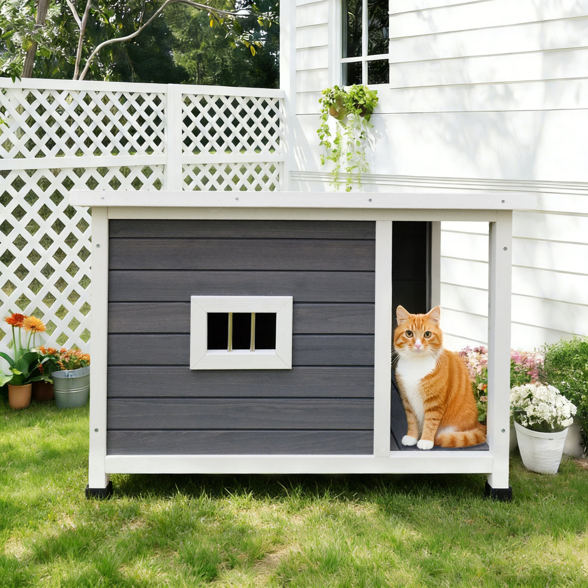 Outdoor Gray Cat House With Waterproof Roof, Ventilated Windows, And Sturdy Metal Support -Spacious & Stylish Pet Shelter For Cats
