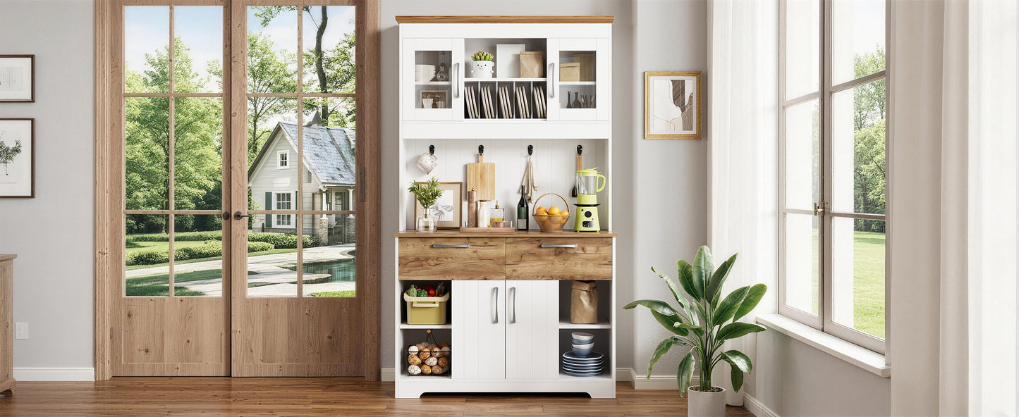 Large Kitchen Buffet Cabinet With Storage Space, Kitchen Cabinet With Display Cabinet Compartments, 2 Drawers, Doors And Hook Rail  Modern Buffet Cabinet For Kitchen, Dining Room & Hallway, 106 X39