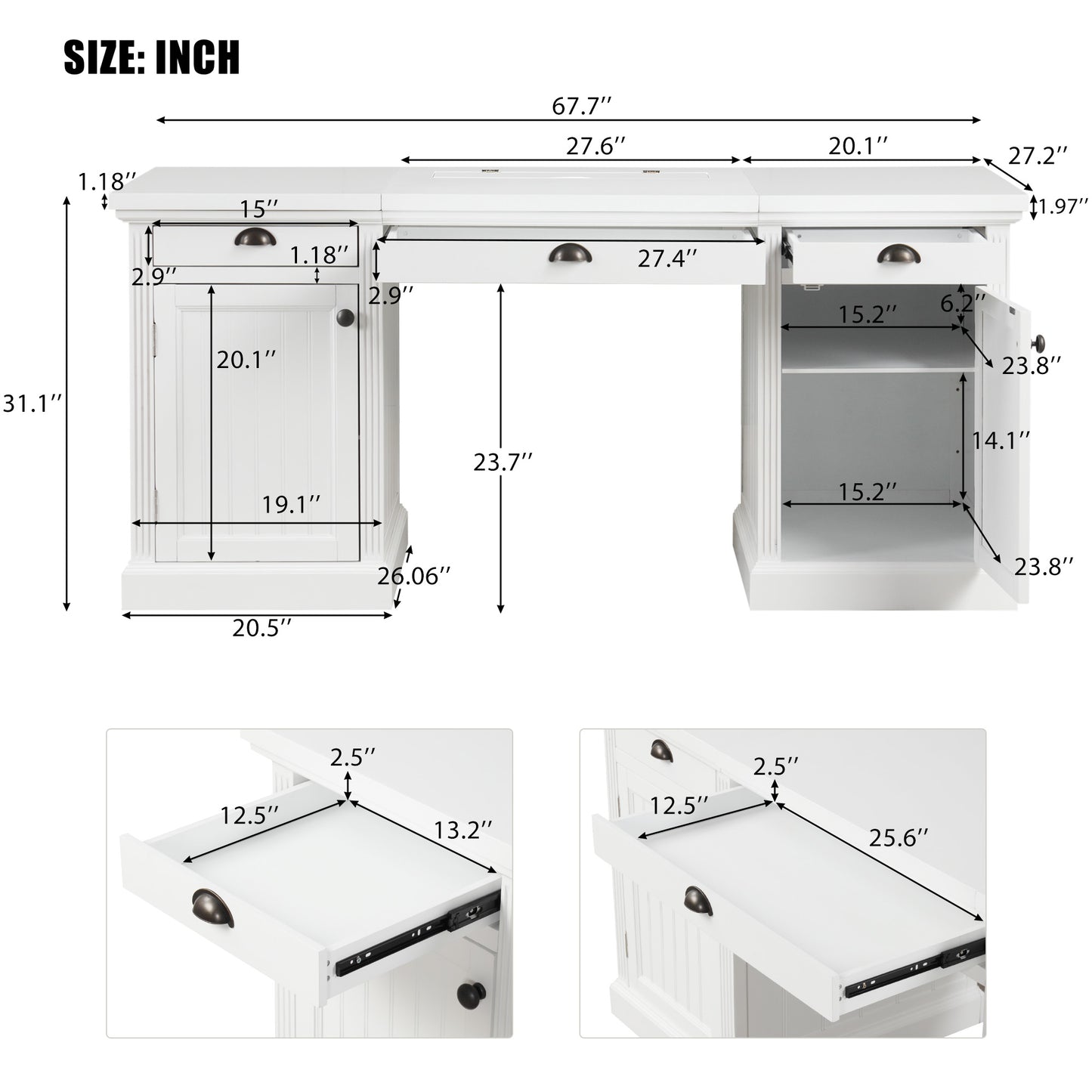 67 Modern Executive Desk,Computer Desk With 2 Wooden Doors Storage Cabinet And 3 Drawers, Rectangle Home Office Desk  ,Reading Desk,Writing Table,Workstation For Home Office,Living Room,Study,White