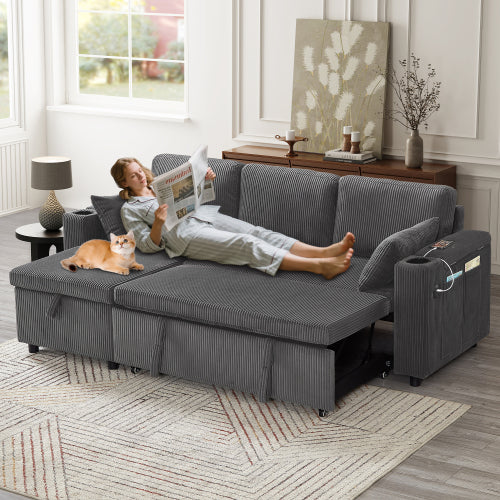 3 In 1 Convertible Corduroy Sofa Bed With Storage Chaise, L Shaped Sleeper Sofa Couches With Armrest Storage And Charging Station. Pullout Sectional Daybed For Living RoomBedroomOffice, Grey