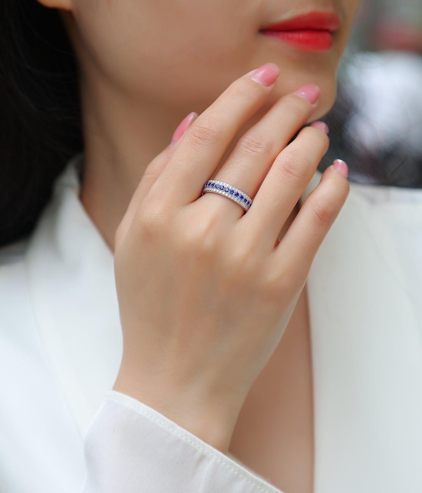 3.6g S925 Sterling Silver 3 Row Eternity Ring  Synthetic Blue Sapphire & White Stones Band, Platinum Plated Promise Ring For Women, Jewelry Gift Box Set
