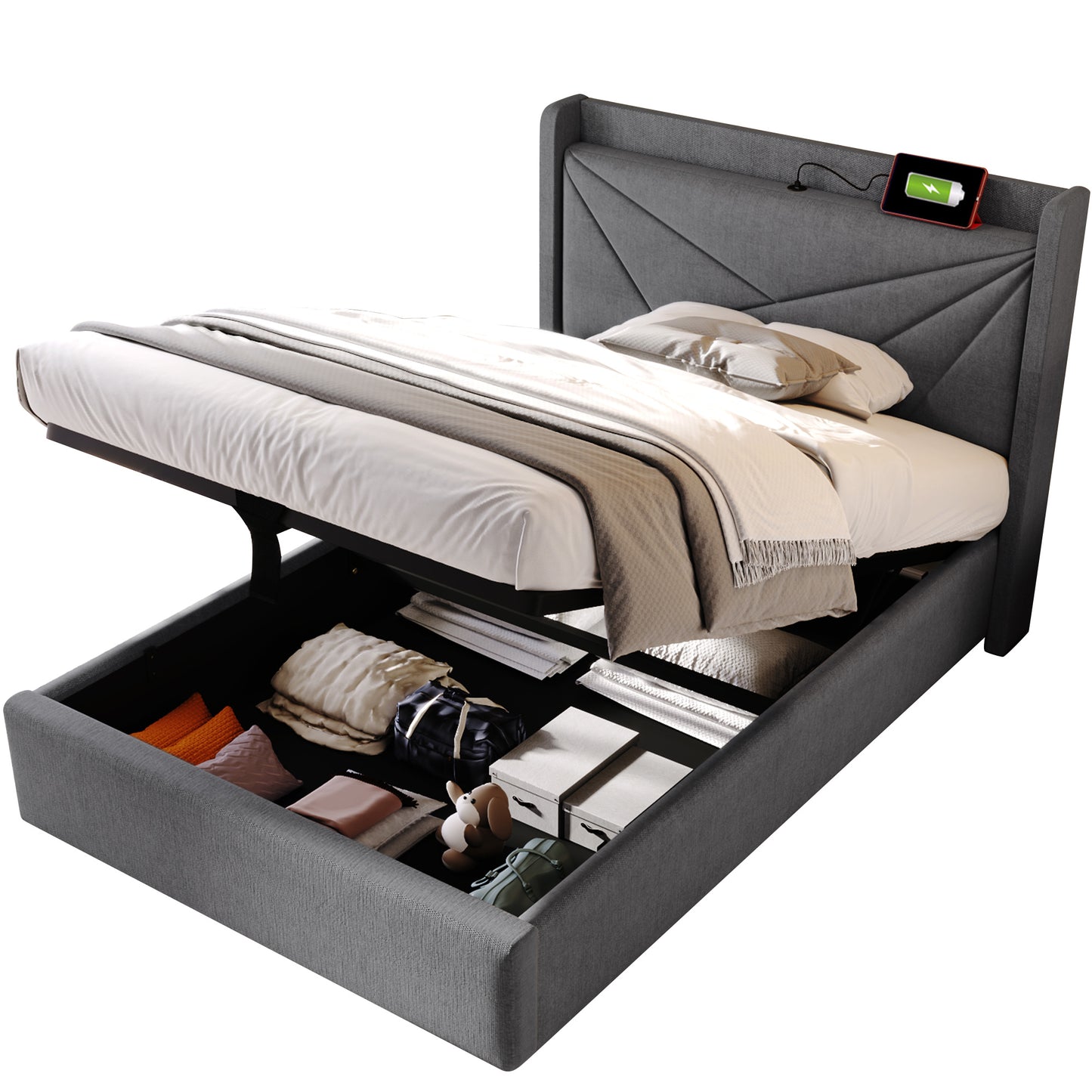 Upholstered Bed Single Bed Storage Bed Box With USB Type C Charging Function Headboard,Storage Beds Bed Frame Made Of Linen Material Youth Bed 90x200 With Slatted Base  Without Mattress