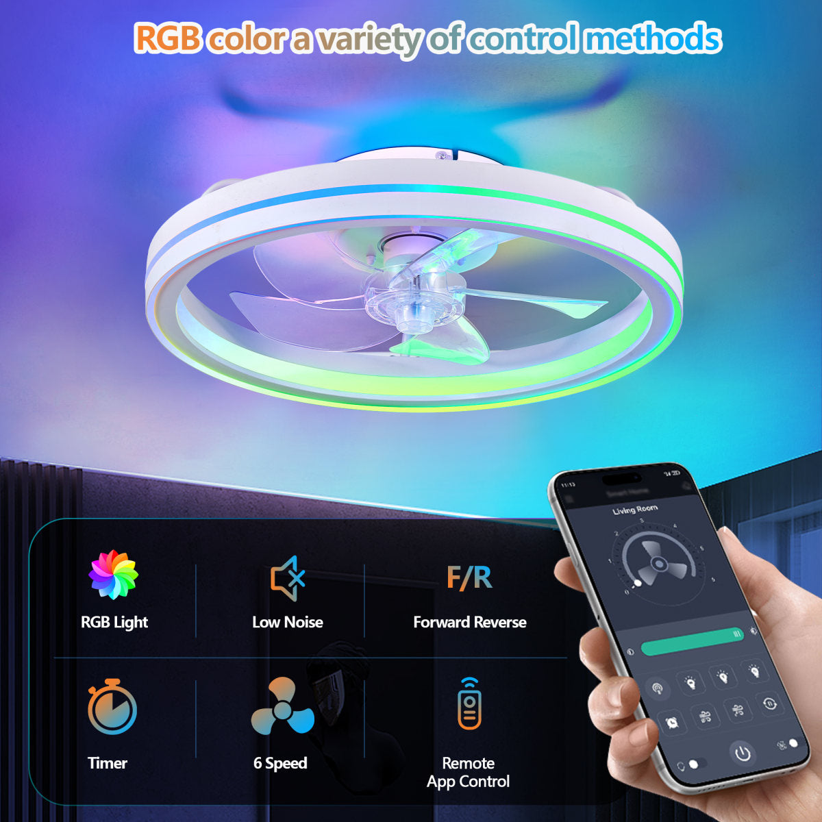 RGB Ceiling Fans With Lights, 19  Smart LED Ceiling Fan With Remote APP Control, Modern Low Profile Bladeless Chandelier Fan, Dimmable White Fandelier For Bedroom, Living Room, Kitchen
