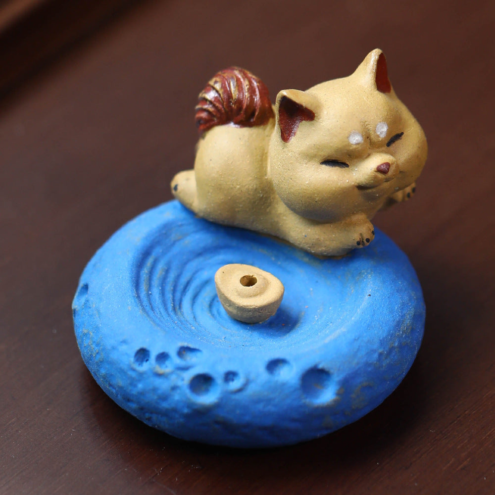 Purple Clay Tea Pet Sheep Ornament Handmade Zodiac Incense Holder