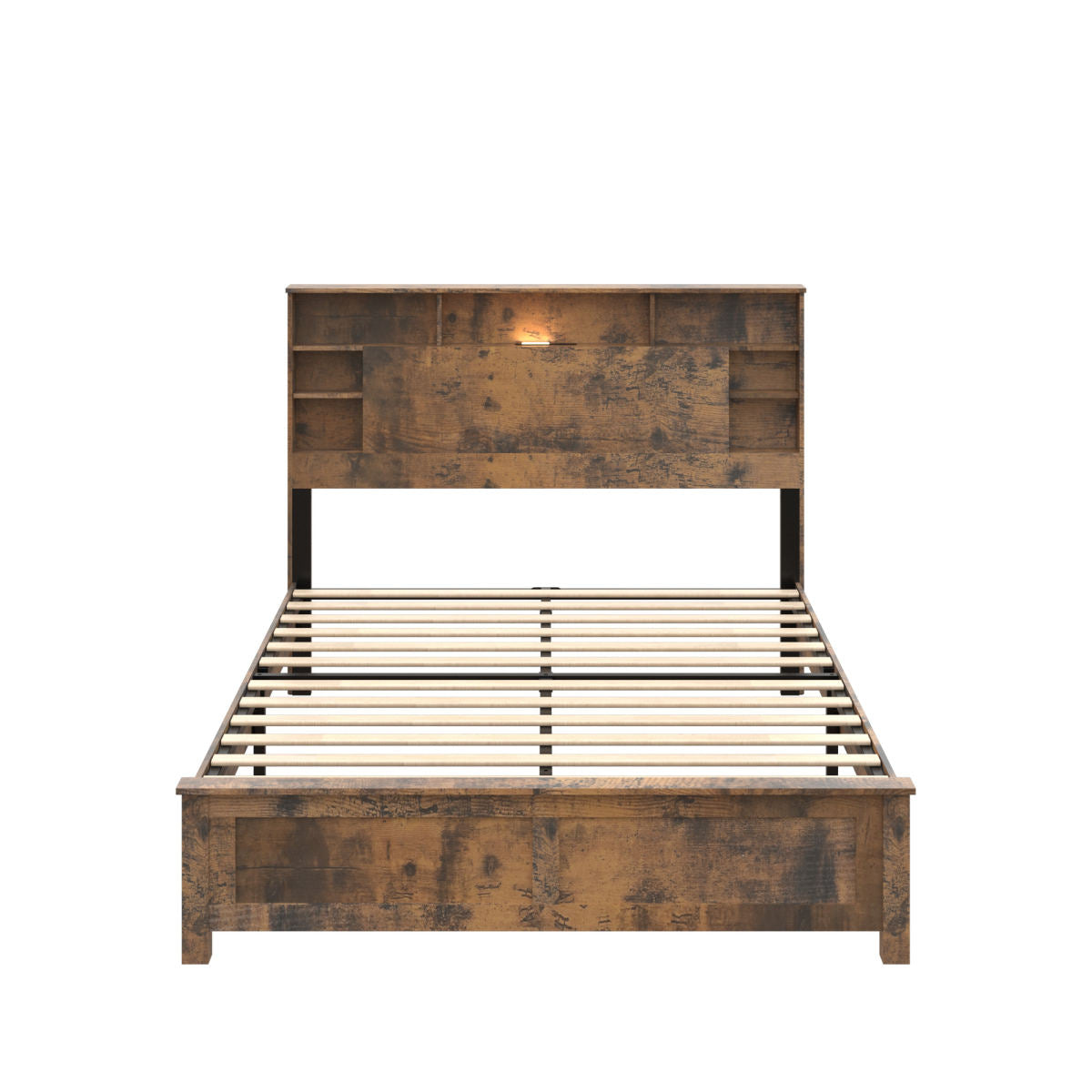 Full Wood Bed Frame With Bookcase Headboard, Charging Station & LED, Dark Brown