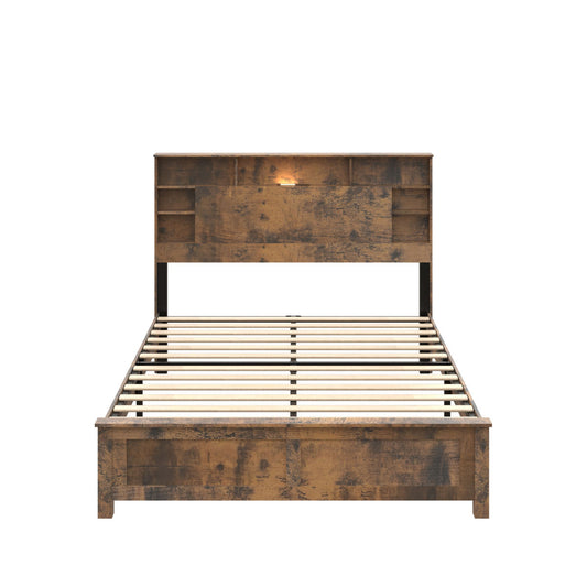 Full Wood Bed Frame With Bookcase Headboard, Charging Station & LED, Dark Brown
