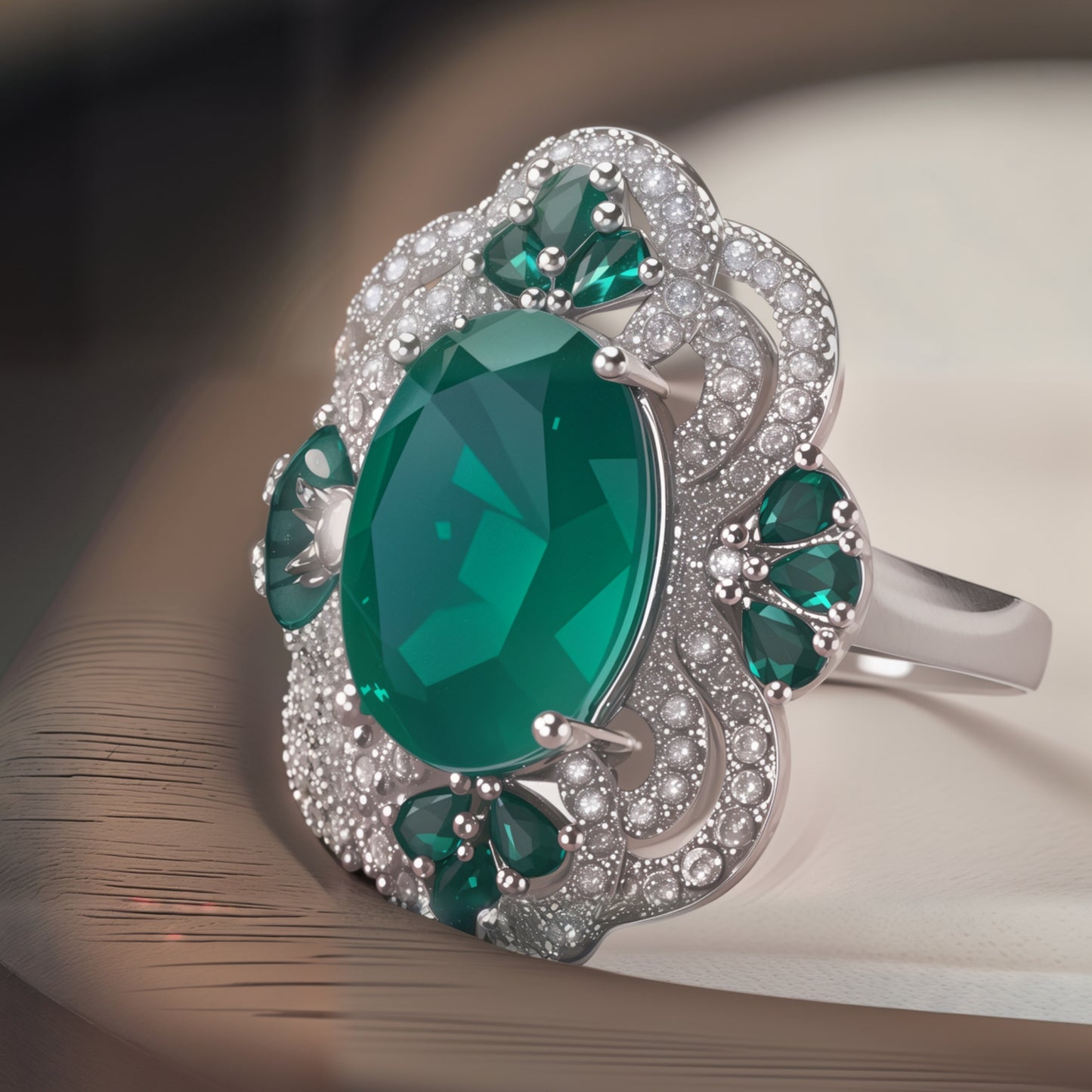 Oval Cabochon Green Gem Mixed Emerald & White Crystal Filigree Open Adjustable Cocktail Ring For Women, Copper Silver Plated Antique Hollow Floral Wedding Banquet Statement Jewelry Gift