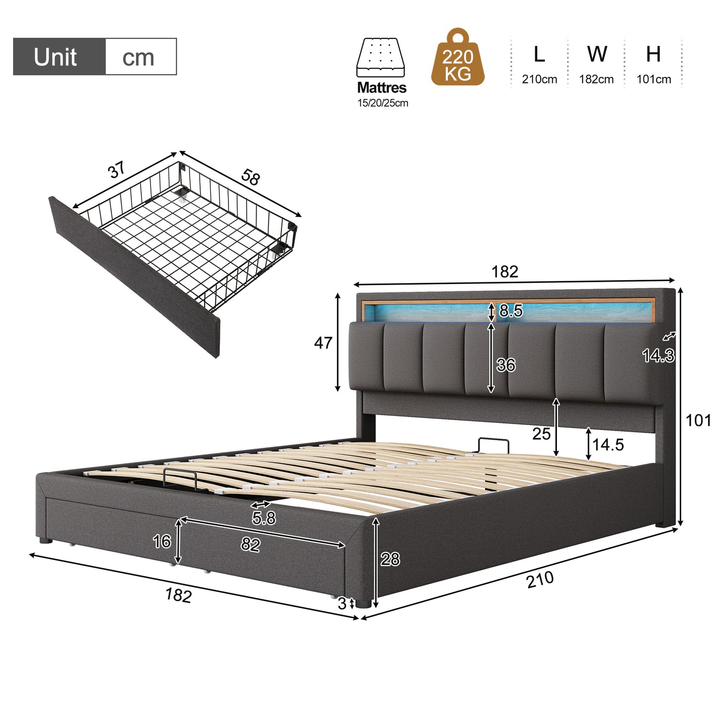 Upholstered Bed With LED Lighting,Hydraulic Storage Bed With Bed Box,Drawers And Storage Compartments,Stowable Headboard Made Of Foam,Double Bed Made Of Steel Frame,Linen,180x200cm,Grey