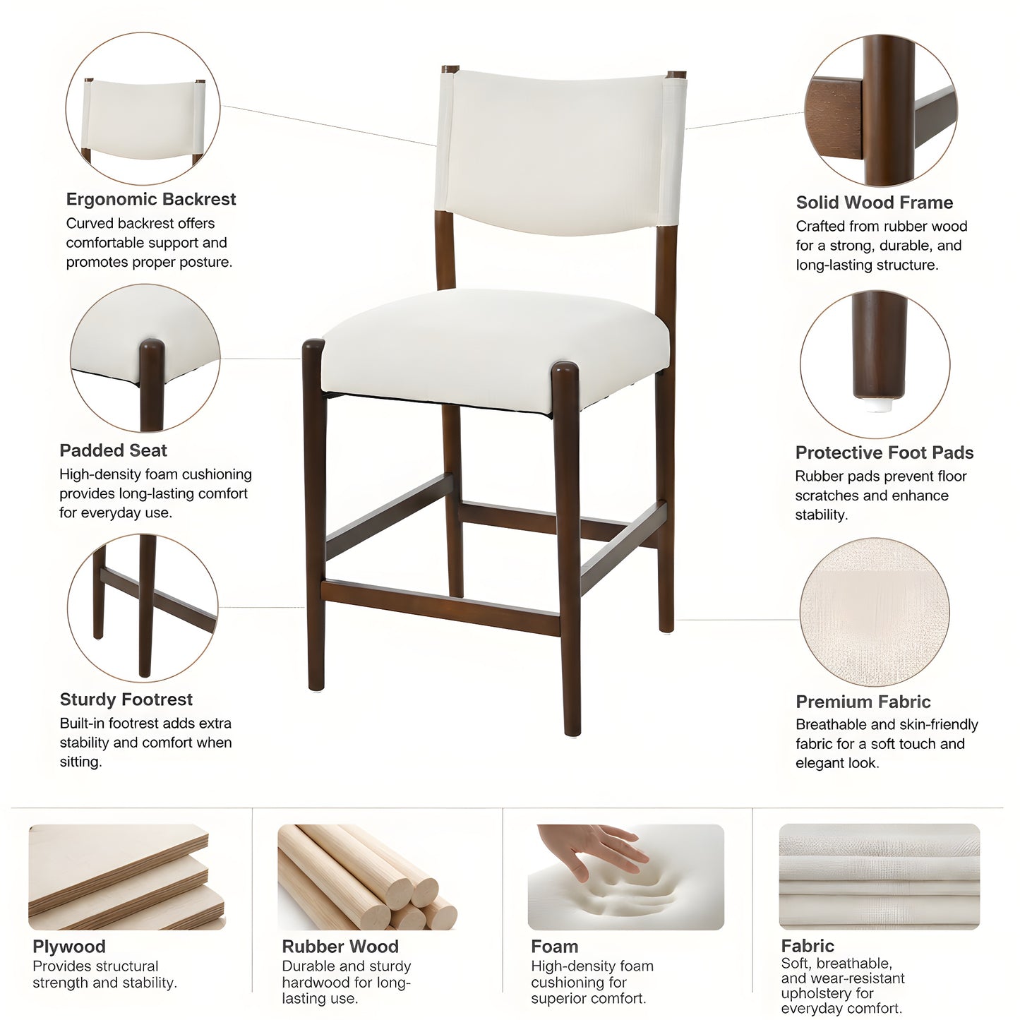 26.4  Solid Wood Counter Height Barstools, Modern Bar Stools Set Of 2, Linen Upholstered Kitchen Island Chair With Walnut-Finished Wood Legs For Home Bar Coffee Shop,Beige