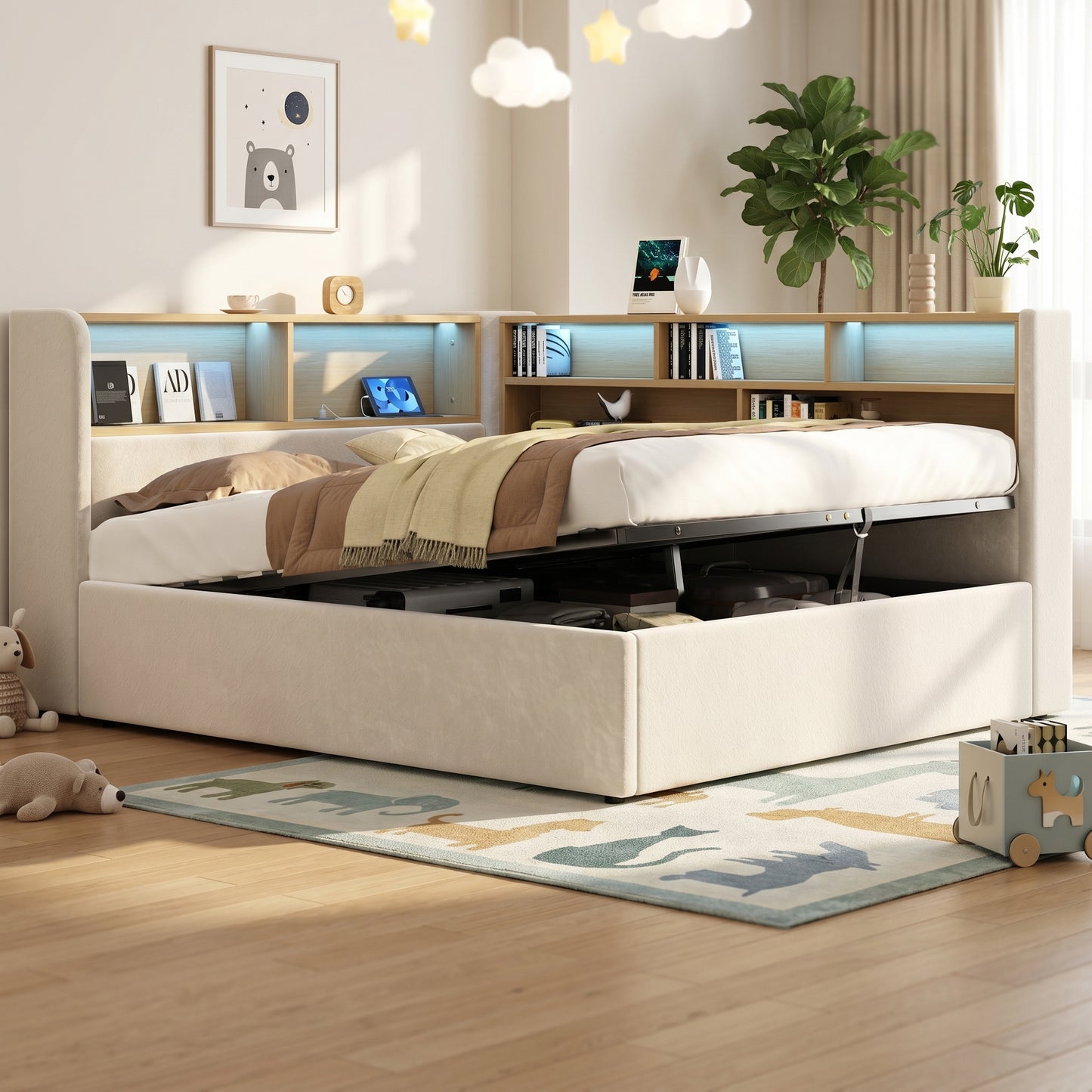 Daybed, L-shaped Upholstered Hydraulic Lift-Up Storage Bed, Sofa Bed With Storage, LED, USB Charging Port, 4FT6 Double Bed 135x190cm, Hydraulic Storage Bed Frame, Velvet, Beige