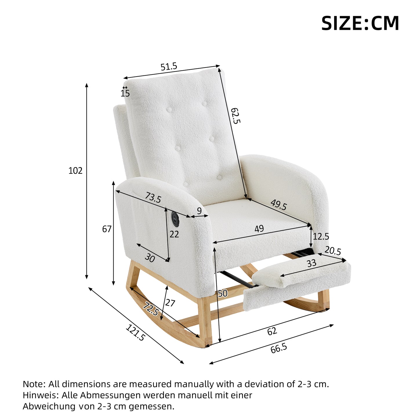 66.5x121.5x102cm Rocking Chair With USB Charging Ports, Nursing Rocking Armchair,Teddy Fabric Glider Rocker With Adjustable Footrest,Side Pocket, For Nursery Bedroom Living Room, White