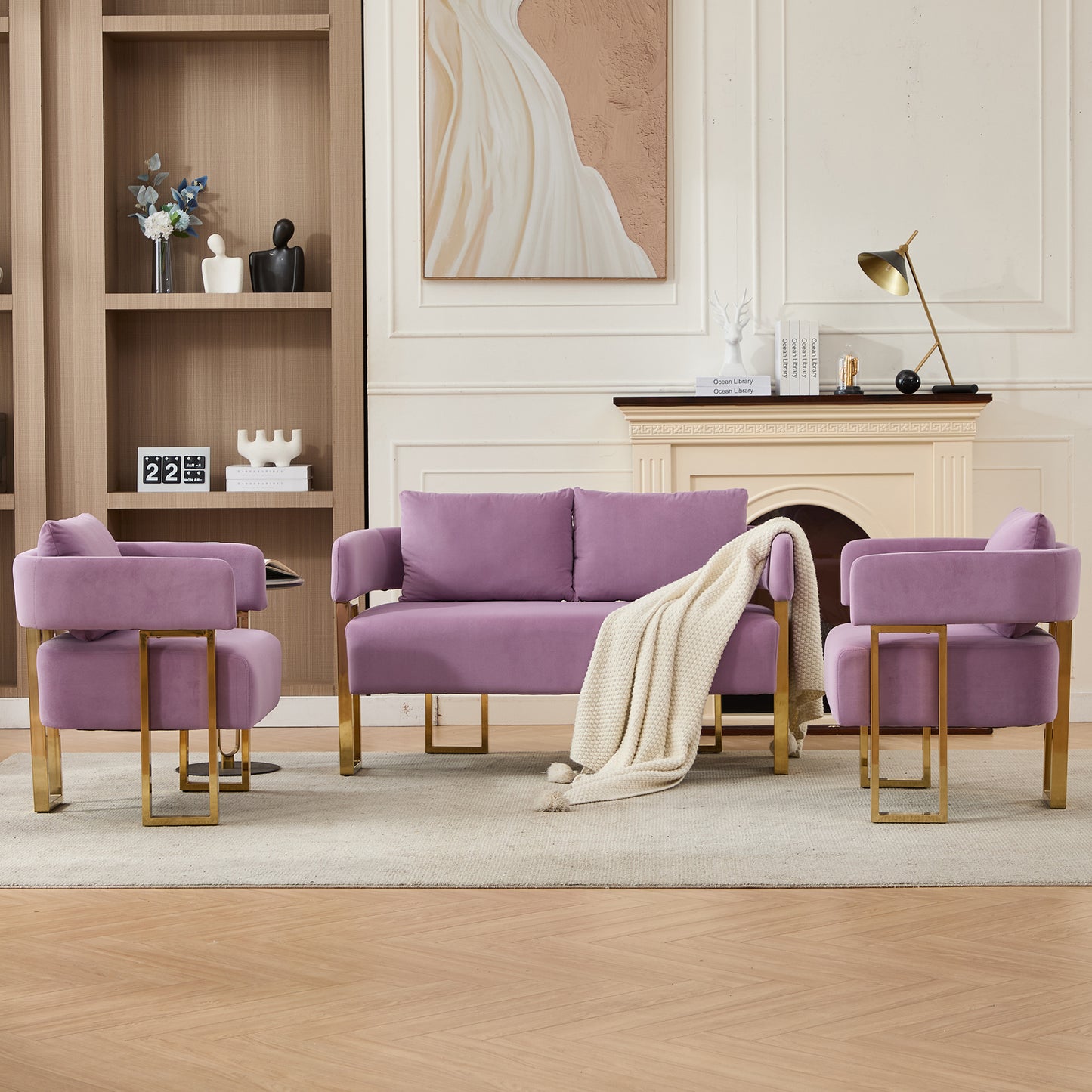 TS Modern Decorative Chair, Living Room Side Chair With Gold Metal Legs, No Wheels, Suitable For Dressing Area, Reception Room, Office,Teddy Fleece Upholstered Metal Foot Sofas