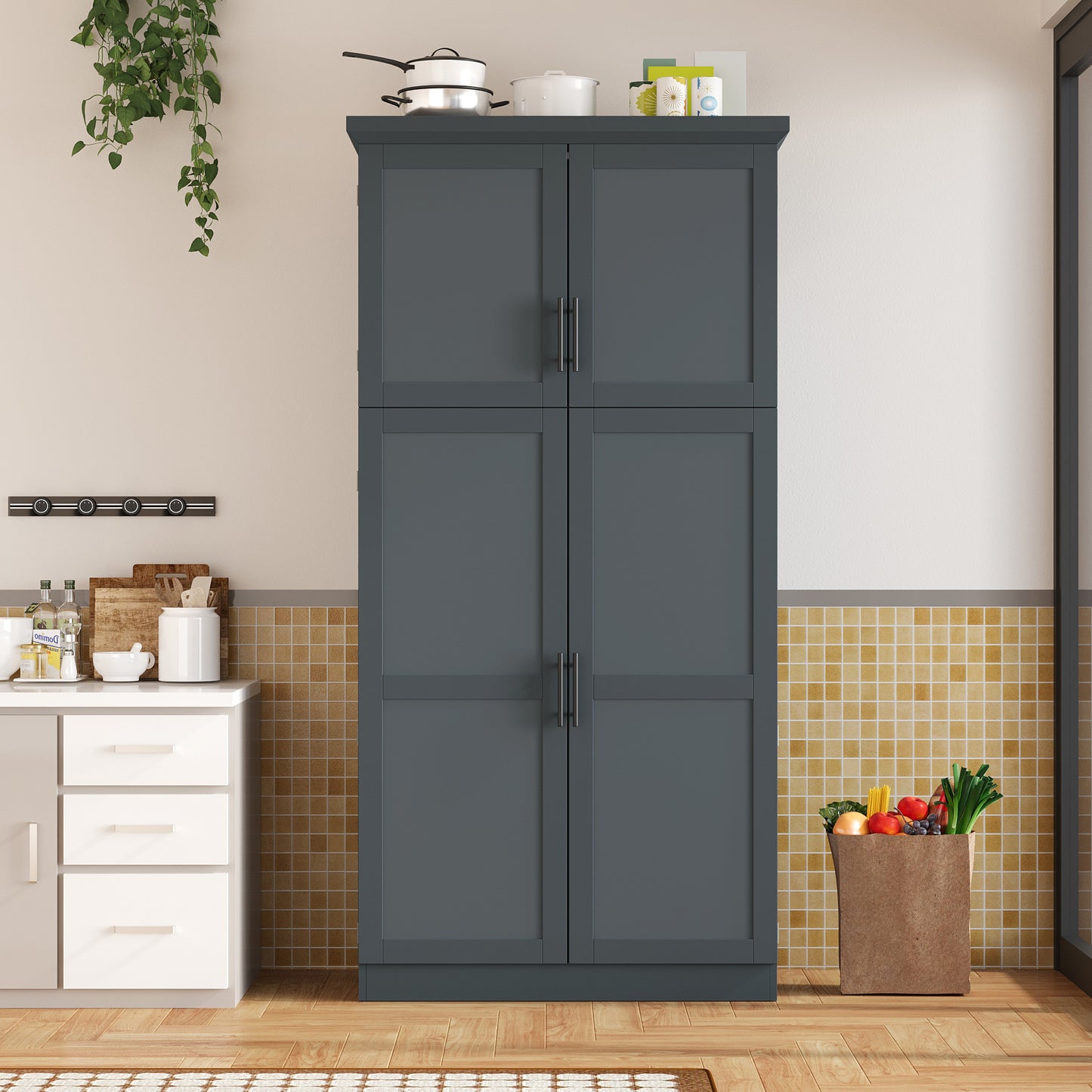 TOPMAx 35.5x17.6x70.9inch Freestanding Kitchen Pantry Cabinet  Tall Storage Cabinet With 4 Doors  2 Door Shelves  8 Pull- Out Trays And Adjustable Shelf For Dining Room  Gray