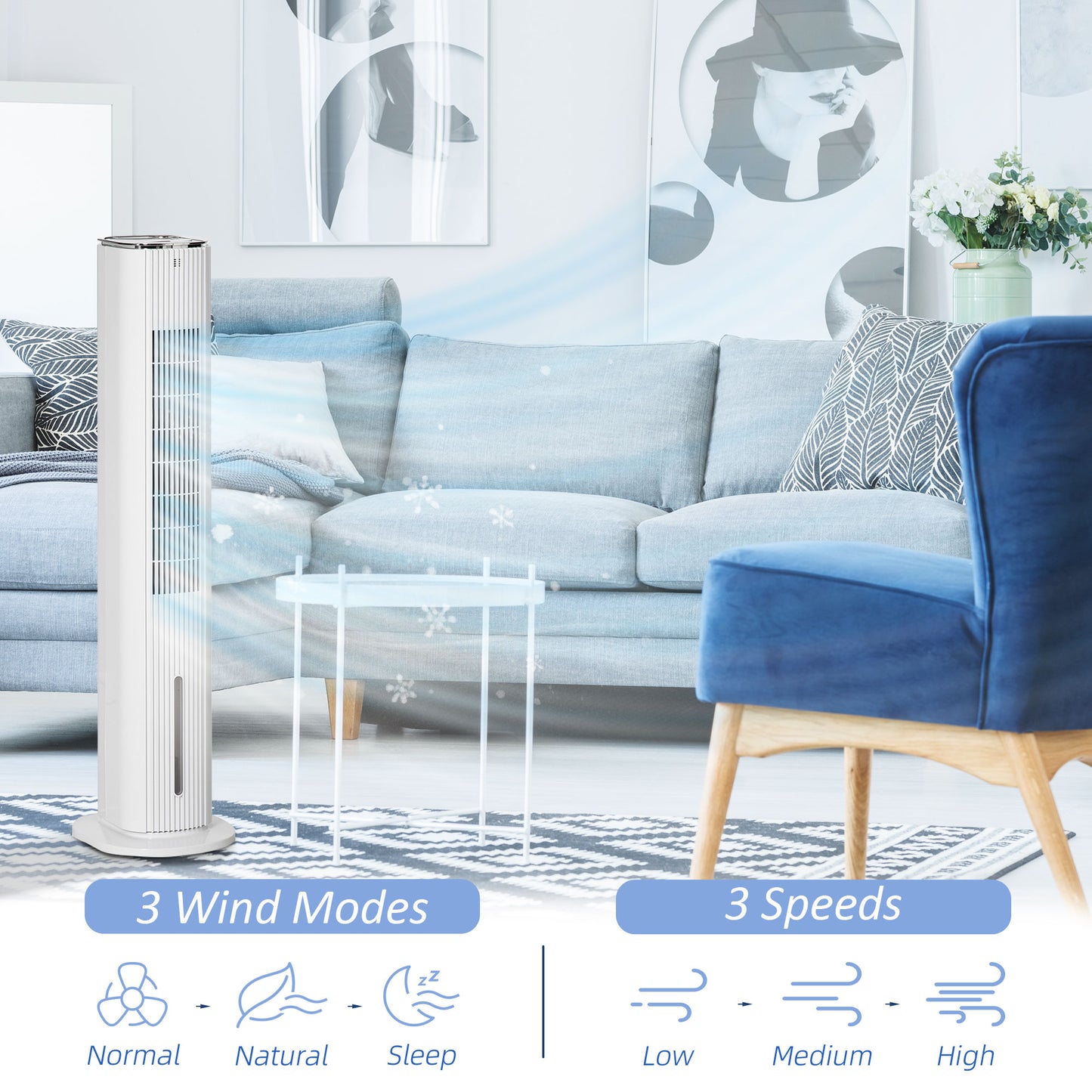 42" 3-In-1 Ice Cooling Fan with Humidifier, Evaporative Air Cooler with Water Tank, 3 Modes, 3 Speeds, 12H Timer, White
