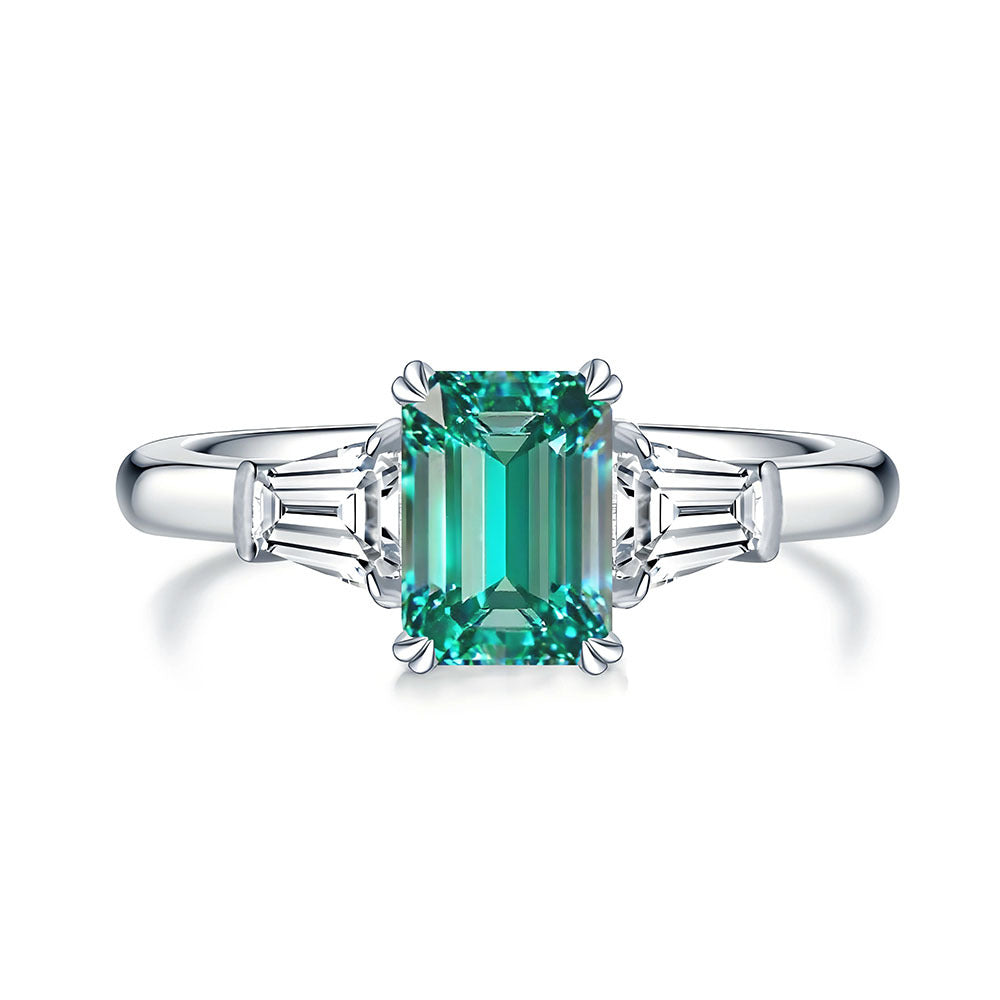 S925 Sterling Silver Aquamarine Fashion Sugar-cube Small Diamond Ring Womens Jewelry