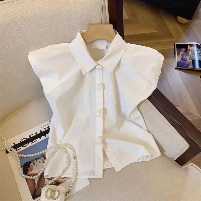 Korean-style French-style Puff-sleeve Blue Blouse For Women