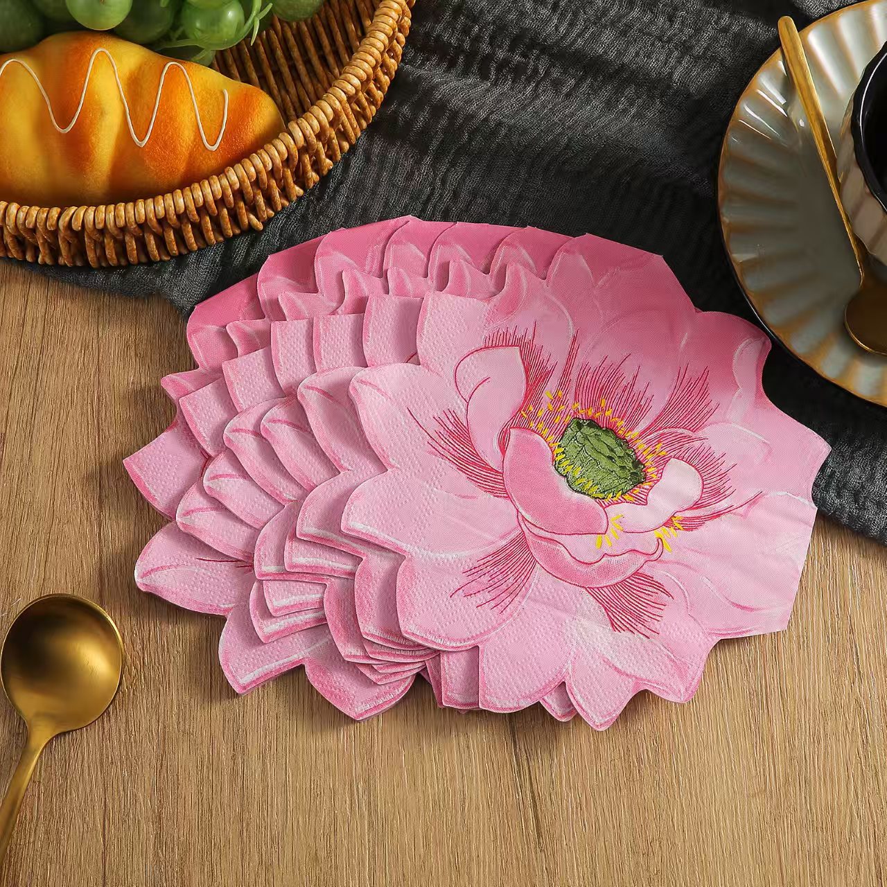 Custom Printed Scalloped Floral Paper Napkins, Unscented Disposable Table Napkins For Home, Hotel & Party
