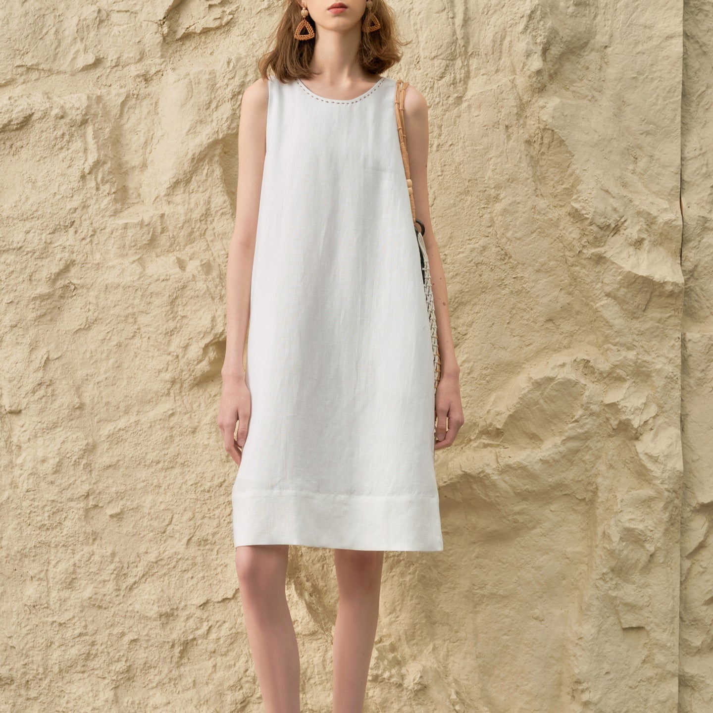Handmade Beaded-Trim Dress Womens Summer New Solid Color