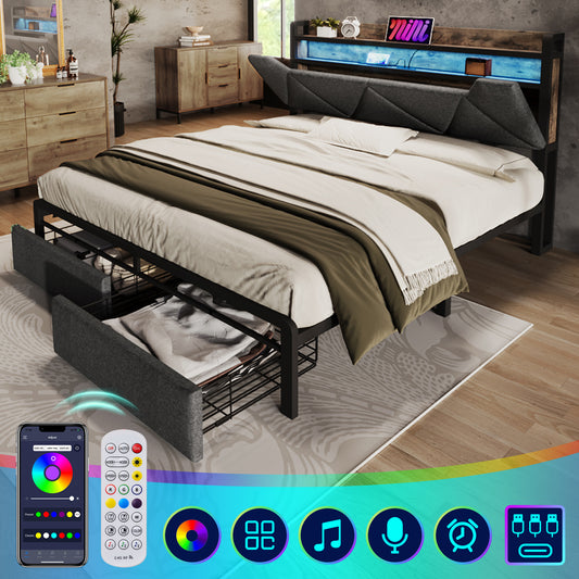 Upholstered Bed With USB Type-C Charging Function Storage Headboard And LED Lighting And Drawers, Double Bed 160x 200 Storage Beds Bed Frame With Metal Frame In Metal Frame, Grey Without Mattress