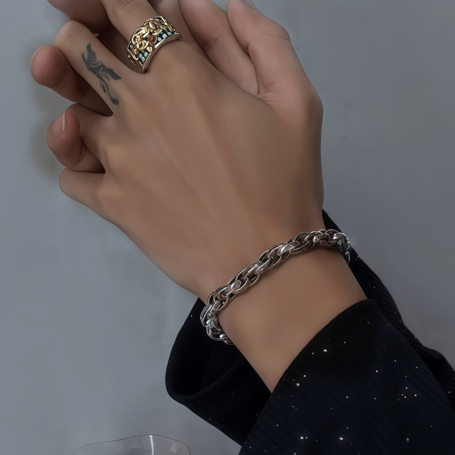 Antique Scroll Engraved Thick Curb Chain Bracelet For Men, Copper Plated Silver Oxidized Vintage Biker Punk Heavy Link Wrist Jewelry Gift