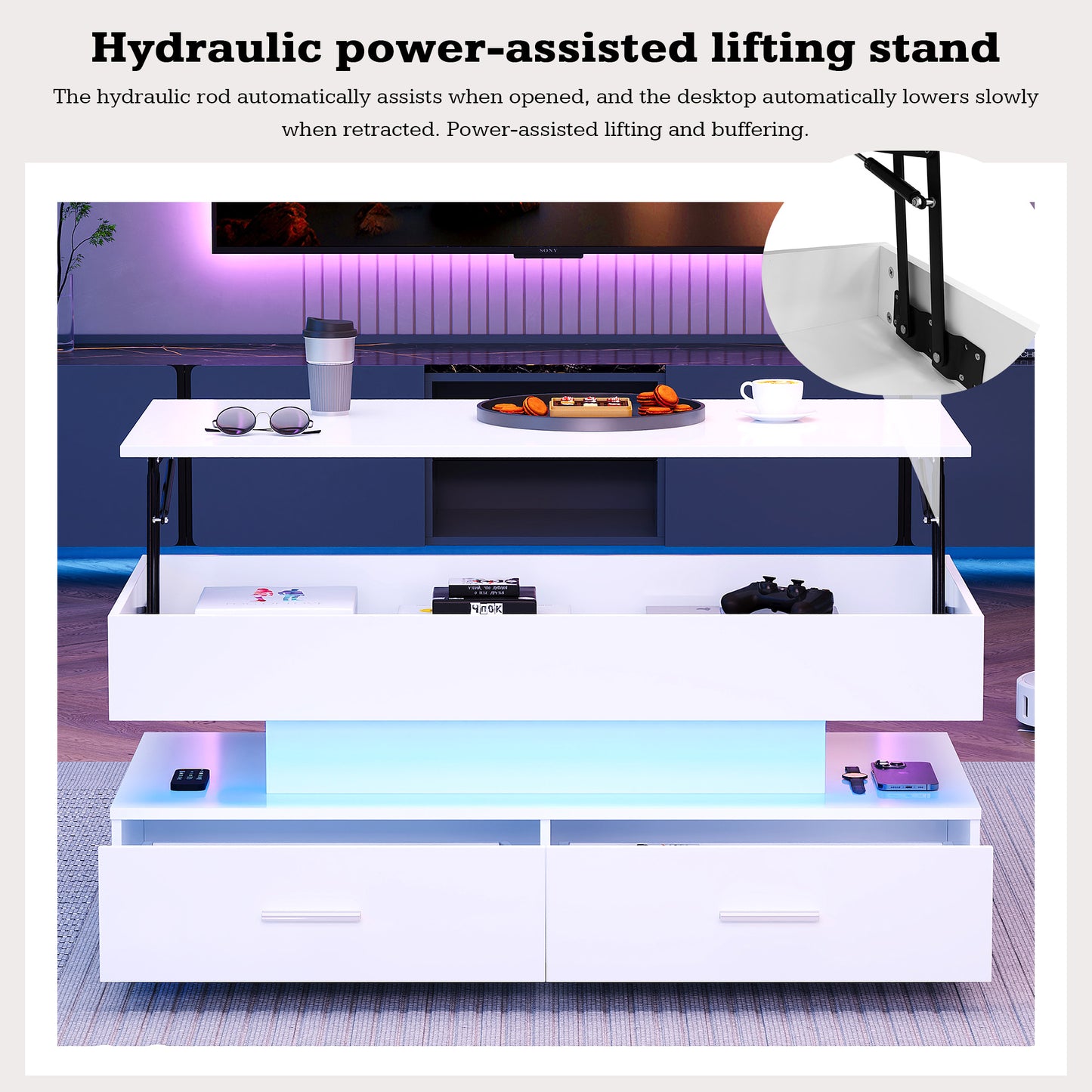 100x50x44cm Hydraulic Height Adjustable Coffee Table, With LED Lighting, Bluetooth APP Control, 2 Drawers And Open Storage,White Liftable Coffee Table