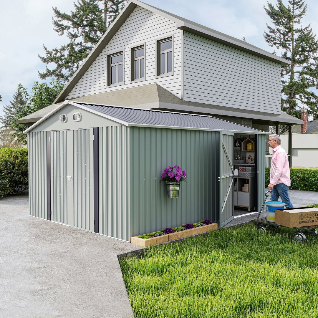 10x12 FT Outdoor Metal Storage Shed, Large Storage Sheds With Sturdy Frame Structure, Metal Garden Tool Shed With Lockable Door For Garden,Gift A Foldable Flower Pot Stand, Backyard, WHIT